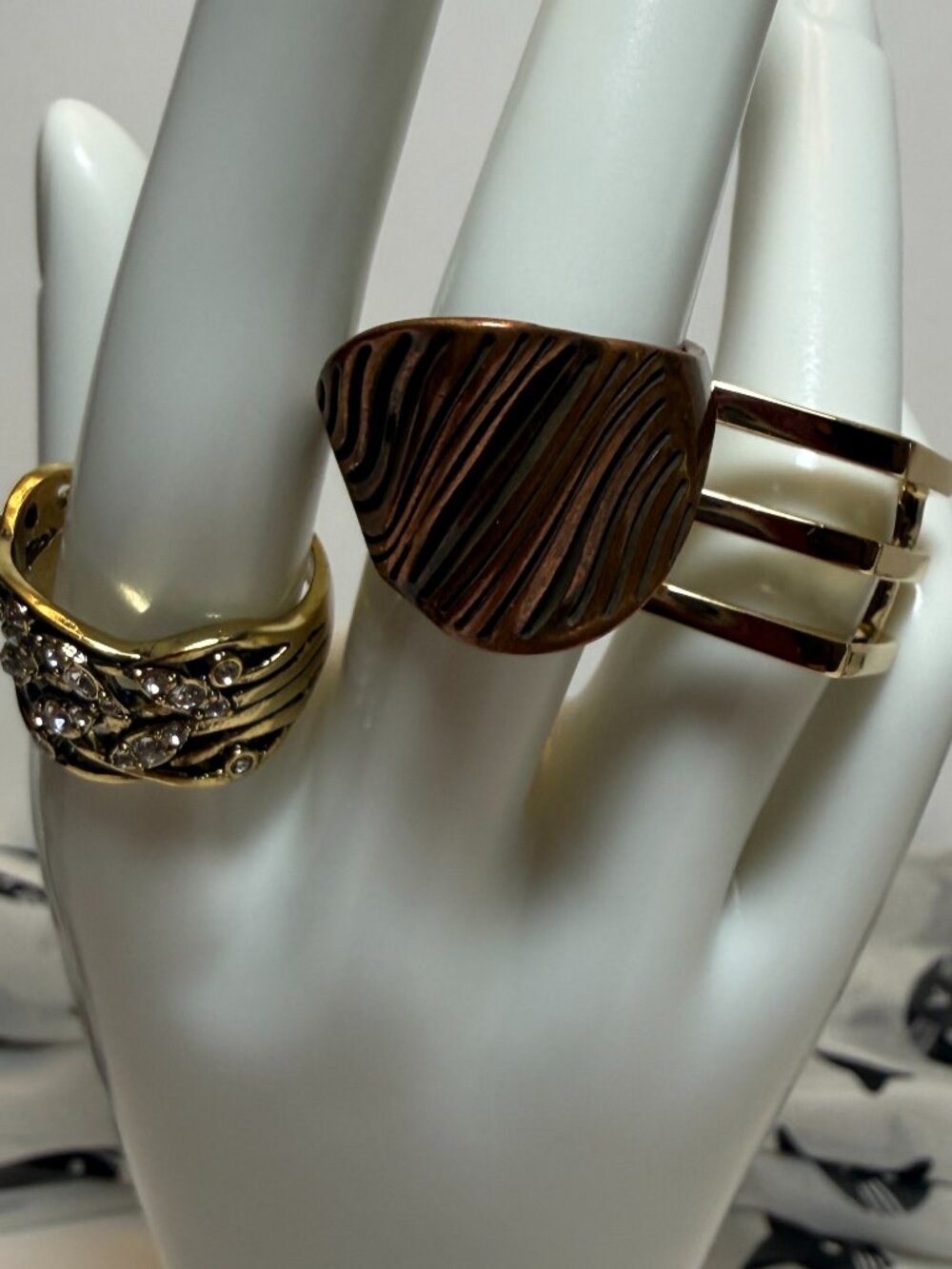 3 Size 10 Rings Gold Toned Copper Toned Faux Diamond CZ Textured